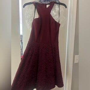 B Darlin Burgundy Halter Fit and Flare Dress
